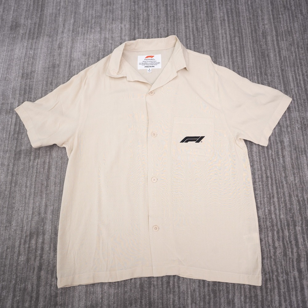 PacSun Formula 1 Shirt Mens Small Beige Excellent F1 DRS Graphic Button Up